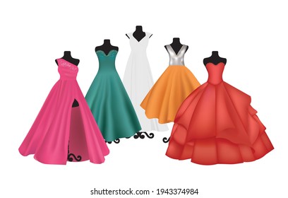 Elegant dresses on mannequin set, vector