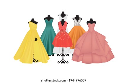 Elegant dresses on mannequin set, vector