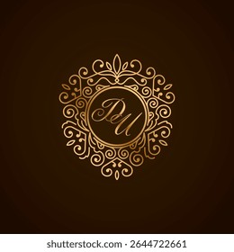 Logotipo Elegante DU Monograma com Quadro Ornamental Dourado no Fundo Escuro - Design Inicial de Luxo