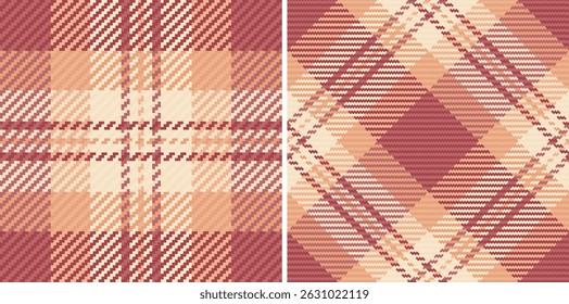 Elegant duo of seamless plaid patterns in soft peach and burgundy tones.  Versatile textures ideal for fashion, home decor, or website backgrounds.