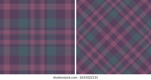 Elegant duo of seamless plaid patterns in muted purple and teal.  Versatile textures perfect for textile design, fashion, stationery, or website backgrounds.