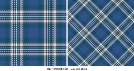 Elegant duo of seamless plaid patterns in muted teal, blue, and beige.  Perfect for textile design, fashion, home décor, or website backgrounds.