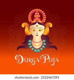 Elegante diosa Durga Puja Durga con ocho brazos sosteniendo armas rodeada de un mandala decorativo y texto de Durga Puja en una hermosa fuente