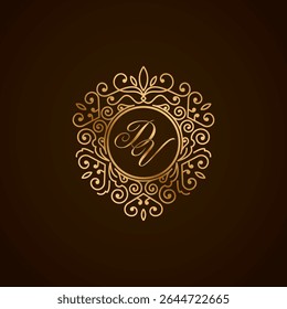 Elegant DV Monogram Logo with Golden Ornamental Frame on Dark Background – Luxury Initial Design