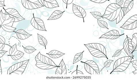 Elegant and dynamic background design with hand-drawn outline leaves flying around a central blank space for text.