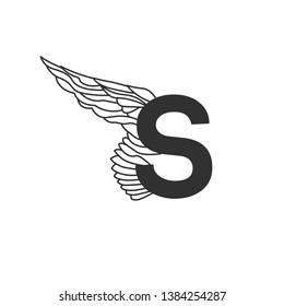 Elegant dynamic flying letter S with wing. Linear design. Can be used for tattoo, any transportation service or in sports areas. Vector illustration isolated on white background