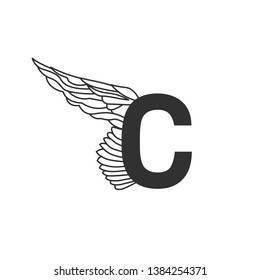 Elegant dynamic letter C with wing. Linear design. Can be used for tattoo, any transportation service or in sports areas. Vector illustration isolated on white background