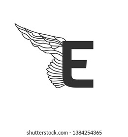 Elegant dynamic letter E with wing. Linear design. Can be used for tattoo, any transportation service or in sports areas. Vector illustration isolated on white background