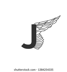 Elegant dynamic letter J with wing. Linear design. Can be used for tattoo, any transportation service or in sports areas. Vector illustration isolated on white background