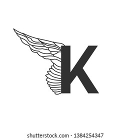 Elegant dynamic letter K with wing. Linear design. Can be used for tattoo, any transportation service or in sports areas. Vector illustration isolated on white background
