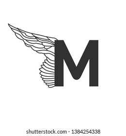 Elegant dynamic letter M with wing. Linear design. Can be used for tattoo, any transportation service or in sports areas. Vector illustration isolated on white background