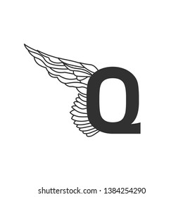 Elegant dynamic letter Q with wing. Linear design. Can be used for tattoo, any transportation service or in sports areas. Vector illustration isolated on white background