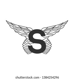 Elegant dynamic letter S with wings. Linear design. Can be used for tattoo, any transportation service or in sports areas. Vector illustration isolated on white background