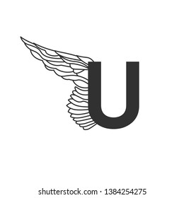 Elegant dynamic letter U with wing. Linear design. Can be used for tattoo, any transportation service or in sports areas. Vector illustration isolated on white background