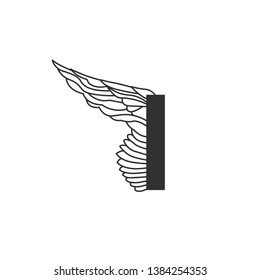 Elegant dynamic letter I with wing. Linear design. Can be used for tattoo, any transportation service or in sports areas. Vector illustration isolated on white background