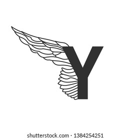 Elegant dynamic letter Y with wing. Linear design. Can be used for tattoo, any transportation service or in sports areas. Vector illustration isolated on white background