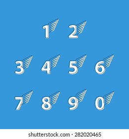 Elegant dynamic numbers with wings. Linear design. Can be used for any transportation service or in sports areas.