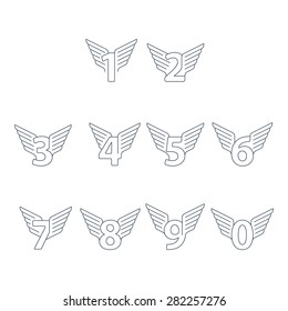 Elegant dynamic numbers with wings. Linear design. Can be used for any transportation service or in sports areas.