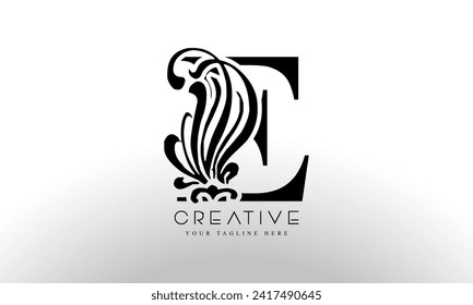 Elegant E Luxury Logo. Black Floral Alphabet Logo with Flowers Leaves. Perfect for Fashion, Jewelry, Beauty Salon, Cosmetics, Spa, Hotel and Restaurant Logo.