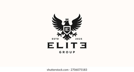 Elegantes Adlerwappen-Logo mit gekröntem Schild und kräftigen Flügeln. Perfekt für Premium-Marken, Sicherheit, Corporate Identity, Elite-Gruppen und Luxus Business Branding.