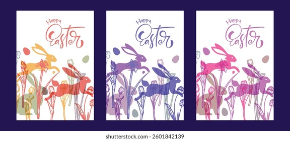 Elegant Easter A4 designs with hares, hand drawn line art tulips and eggs. Set of saturated colorful bunnies illustrations for social media, web and print projects. 