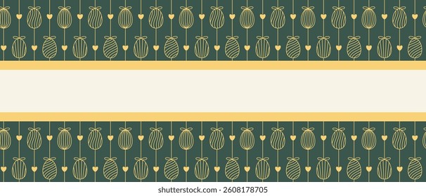 Elegant Easter banner with golden elements on a dark green background. Hanging eggs, bows, and hearts in a modern minimal line style. Perfect for cards, printables, and spring designs
