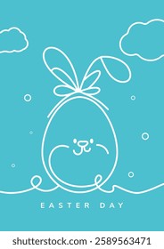 Elegant Easter bunny and egg for card with cloud detail on blue background.