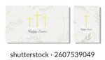 Elegant Easter card design with golden crosses, olive branches, and decorative swirls on a light background. Perfect for religious greetings and celebrations.