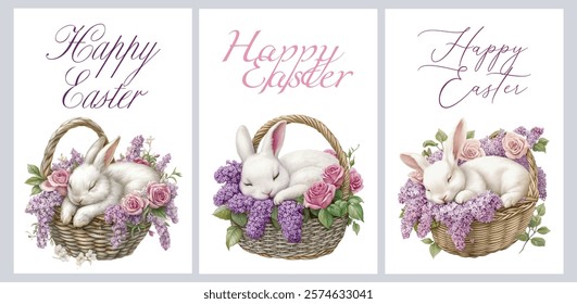 Elegant Easter cards with rabbits in a basket. White fluffy rabbits sleeping in a basket with lilac flowers. Happy Easter. Easter symbols in watercolor.