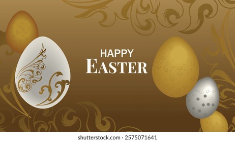 Elegant Easter celebration featuring beautifully decorated eggs set against a soft golden backdrop, with intricate patterns. The image is adorned with floral swirls and the words 'Happy Easter,' refle