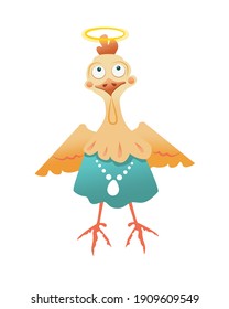 An elegant Easter chicken with a halo over its head and beads with an egg-shaped pendant. Vector illustration, cartoon  style. A character object for the design of Easter products, prints on fabric.