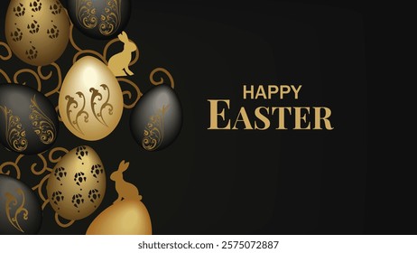 Elegant Easter composition featuring golden and black Easter eggs, intricately designed with decorative patterns, and a silhouette of a bunny. The text 'Happy Easter' is displayed in luxurious gold fo