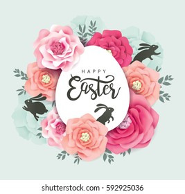 Elegant Easter Day Greeting Card Design With Blossoms Flowers And Rabbits