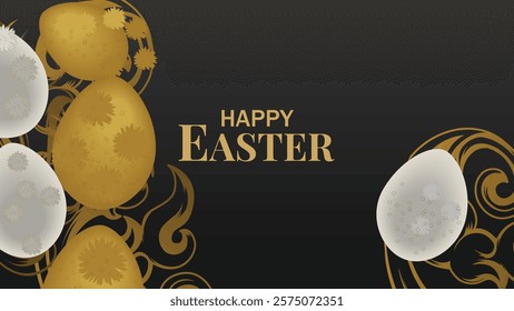 Elegant Easter design featuring gold and white decorated eggs with intricate patterns, surrounded by soft golden flourishes. The text 'Happy Easter' is prominently displayed in gold, set against a dar