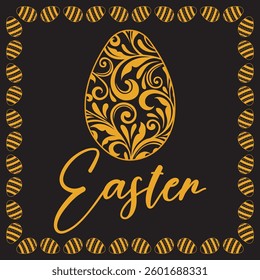 Elegant Easter design featuring a golden ornamental egg with intricate floral patterns on a black background, perfect for festive greeting cards, invitations, and holiday decor.