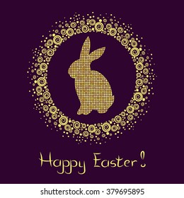 Elegant Easter frame with beautiful gold silhouette of bunny. Happy easter card. Vector holiday background. 