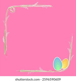 Elegant Easter frame with pastel eggs, delicate leaves, and watercolor brush strokes on a bright pink background. Perfect for festive designs, greeting cards, invitations, and holiday projects.