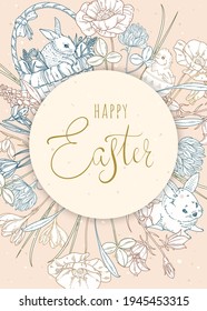 Elegant Easter greeting card. Easter flyer with bunnies, chickens and flowers