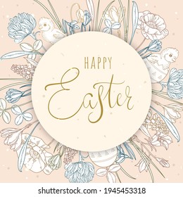 Elegant Easter greeting card. Easter flyer with bunnies, chickens and flowers