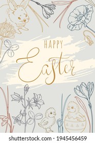 Elegant Easter greeting card. Easter flyer with bunny, chickens and flowers