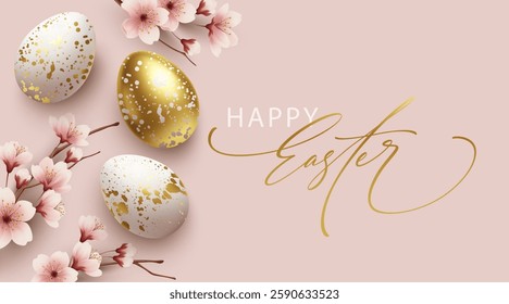 Elegant Easter Greeting Card with Gold and White Decorative Eggs and Spring Cherry Blossom Flower Decorations. Vector illustration