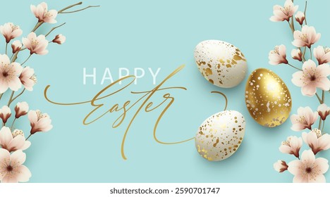 Elegant Easter Greeting Card with Gold and White Decorative Eggs and Spring Cherry Blossom Flower Decorations. Vector illustration