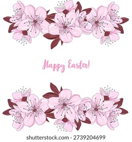 Elegant Easter greeting card with pink cherry blossoms frame and Happy Easter calligraphy. Vector illustration of blooming sakura branches. For holiday invitations, posters, seasonal wedding decor