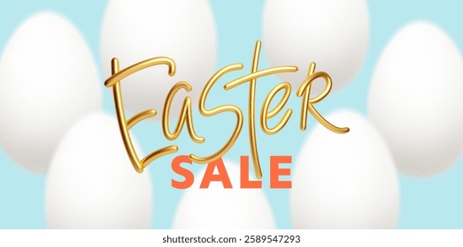 Elegant Easter Sale Design Featuring Golden Lettering with White Eggs on Light Blue Background. Vector illustration