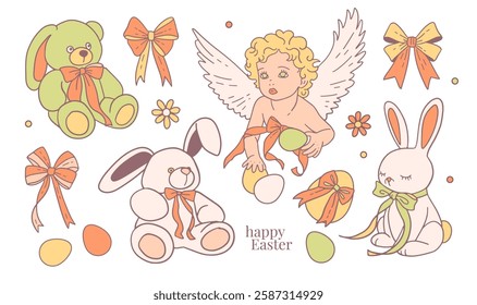 Elegant Easter set with painted eggs, rabbits, angel, flowers with bows. Easter and spring elements. Vector illustration in flat contour style