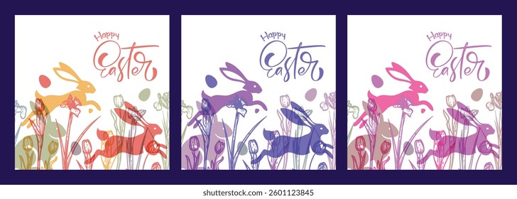 Elegant Easter square designs with hares, hand drawn line art tulips and eggs. Set of saturated colorful bunnies illustrations for social media, web and print projects. 