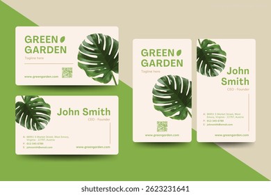 Elegant eco business card with green leaves and clean layout. Ideal for gardening, eco brands, wellness, and organic businesses.