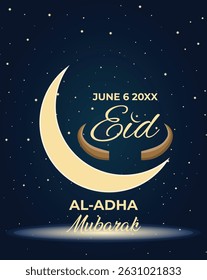 Elegant Eid Al Adha Greeting with Crescent Moon and Date Placeholder