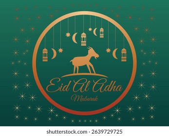 Elegant Eid Al Adha greeting card with golden goat silhouette, crescent moons, lanterns, and stars on a green background, featuring festive typography and Islamic decorative elements.