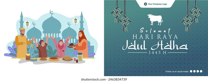 Elegant Eid al Adha Mubarak Banner. Designed with Moslem Family Celebrating and Eating Together and Eid Al-Adha Arabic Typography. Selamat Hari Raya Idul Adha 1445 H. Vector Illustration